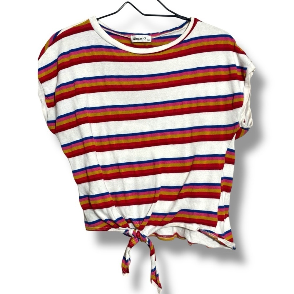 Ginger G Red/White Multicolor Dolman Sleeve Tie Front Crewneck Cropped Tee - Picture 13 of 15